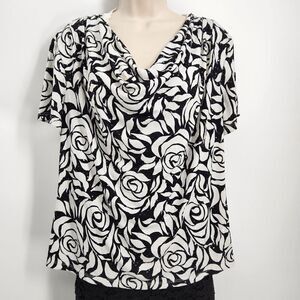 MSK Pullover Top Women's Size XL Blk & White Floral Short Sleeve Draped Neck